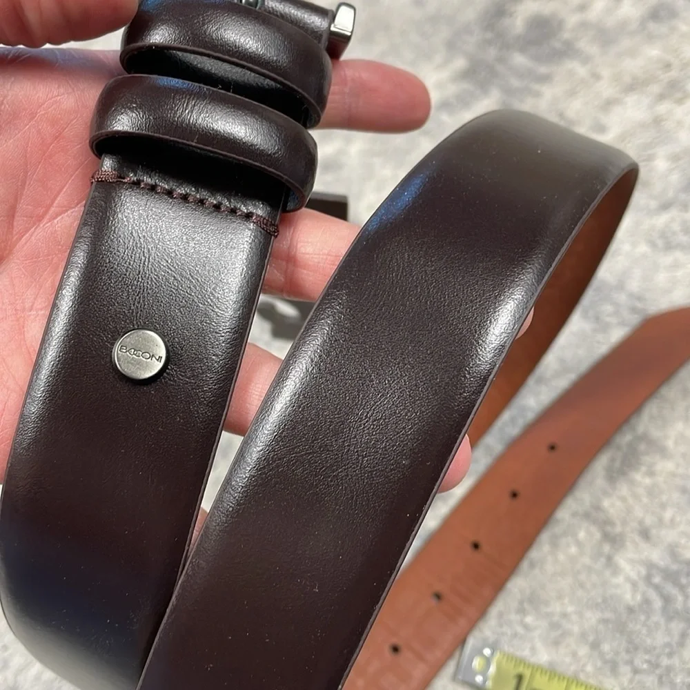 NWT Boconi Dark Brown Genuine Leather Belt Chrome Hardware Sz 42